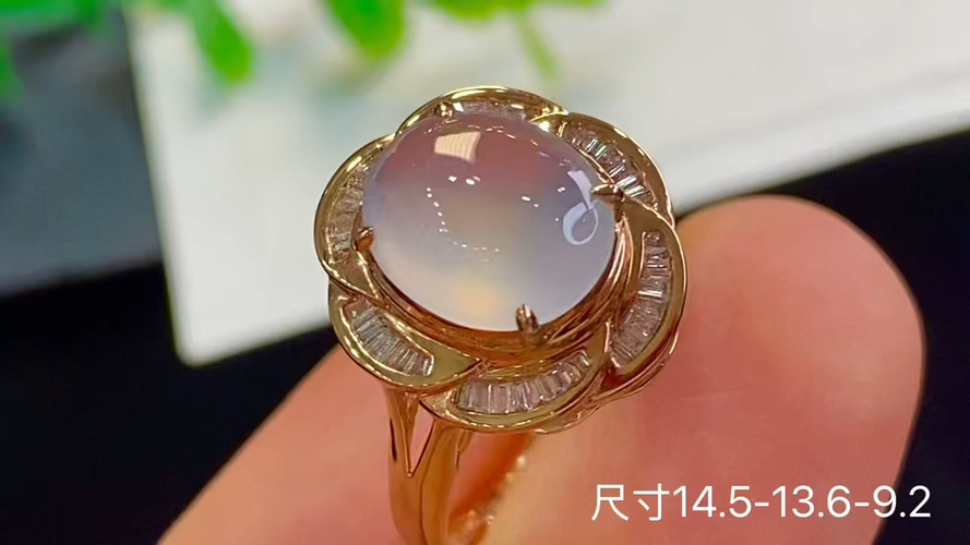 18k金+钻玻璃种蛋面戒指，无裂，14.5-13.6-9.2