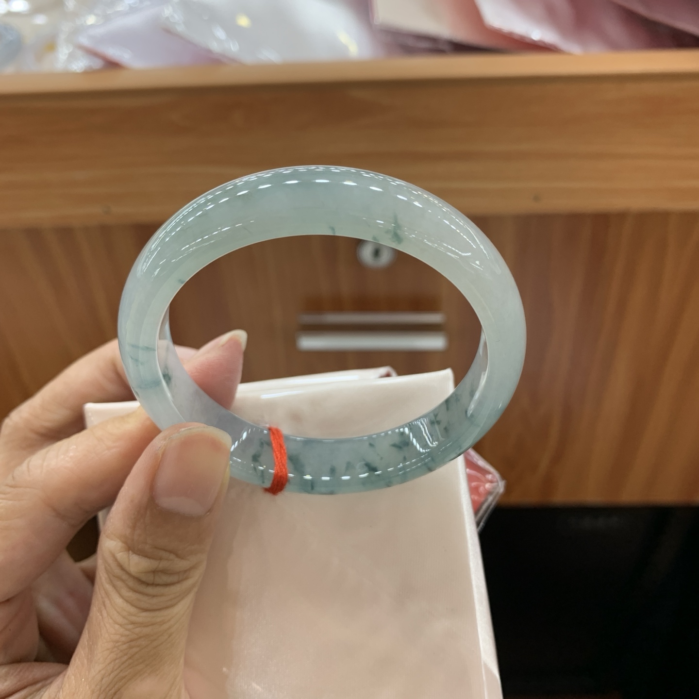 062618MMJ 冰飘花正圈翡翠手镯 53.3-12.3-7