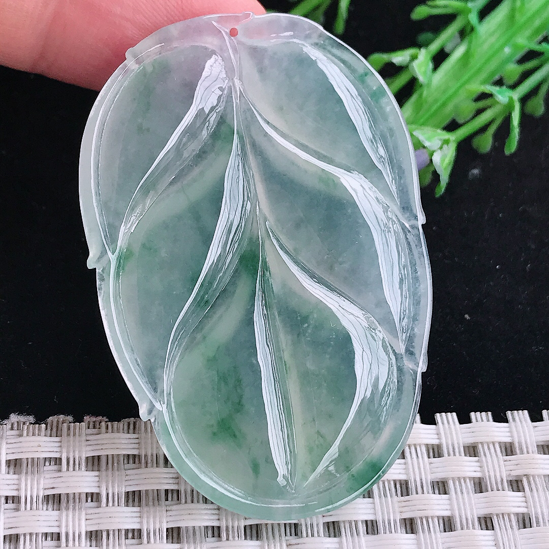 自然光54/36.3/5.6老坑冰飘花冰种大叶子挂件金枝玉叶翡翠玉牌吊坠百搭