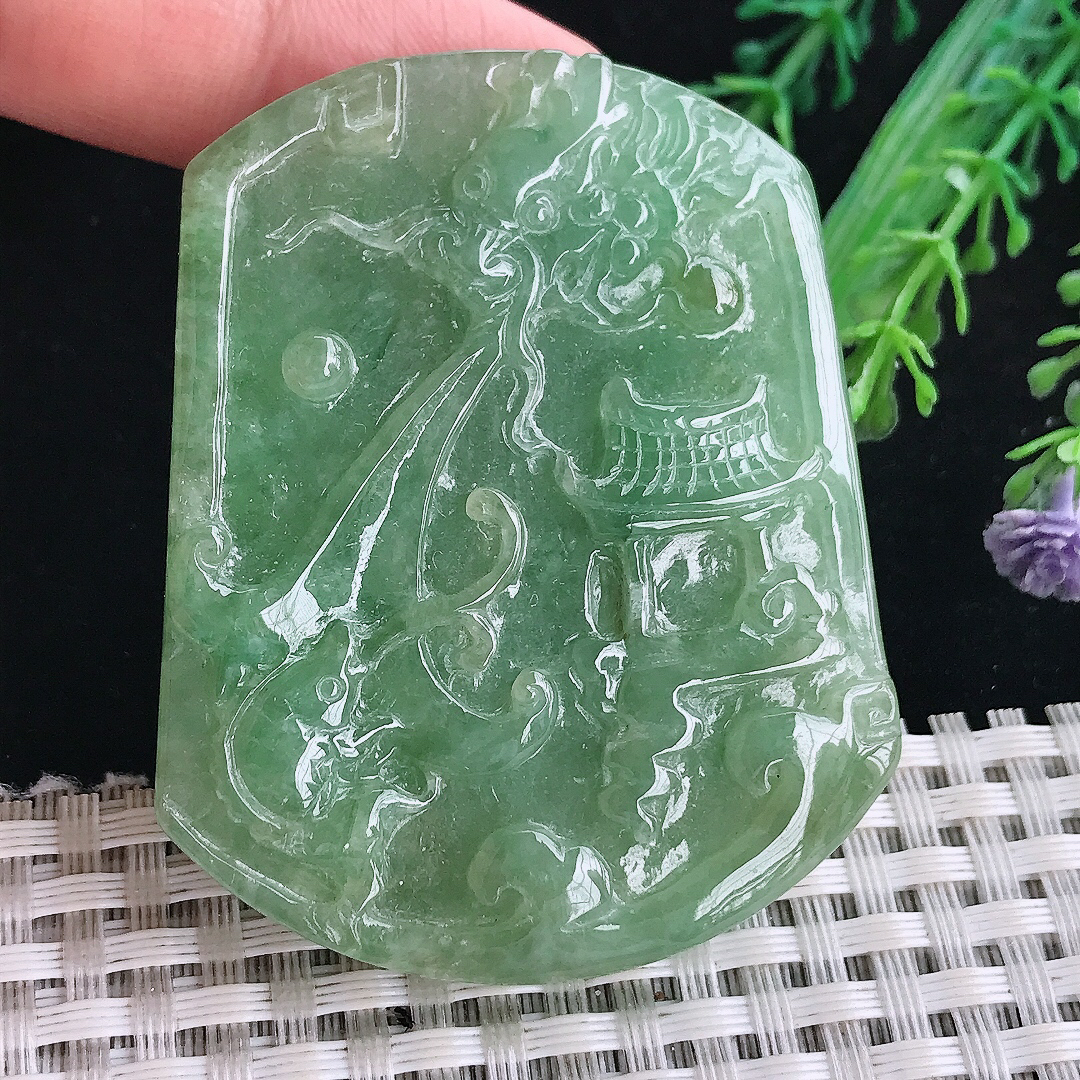自然光57/45.7/7老坑冰润满绿鱼跃龙门龙牌吊坠翡翠挂件百搭
