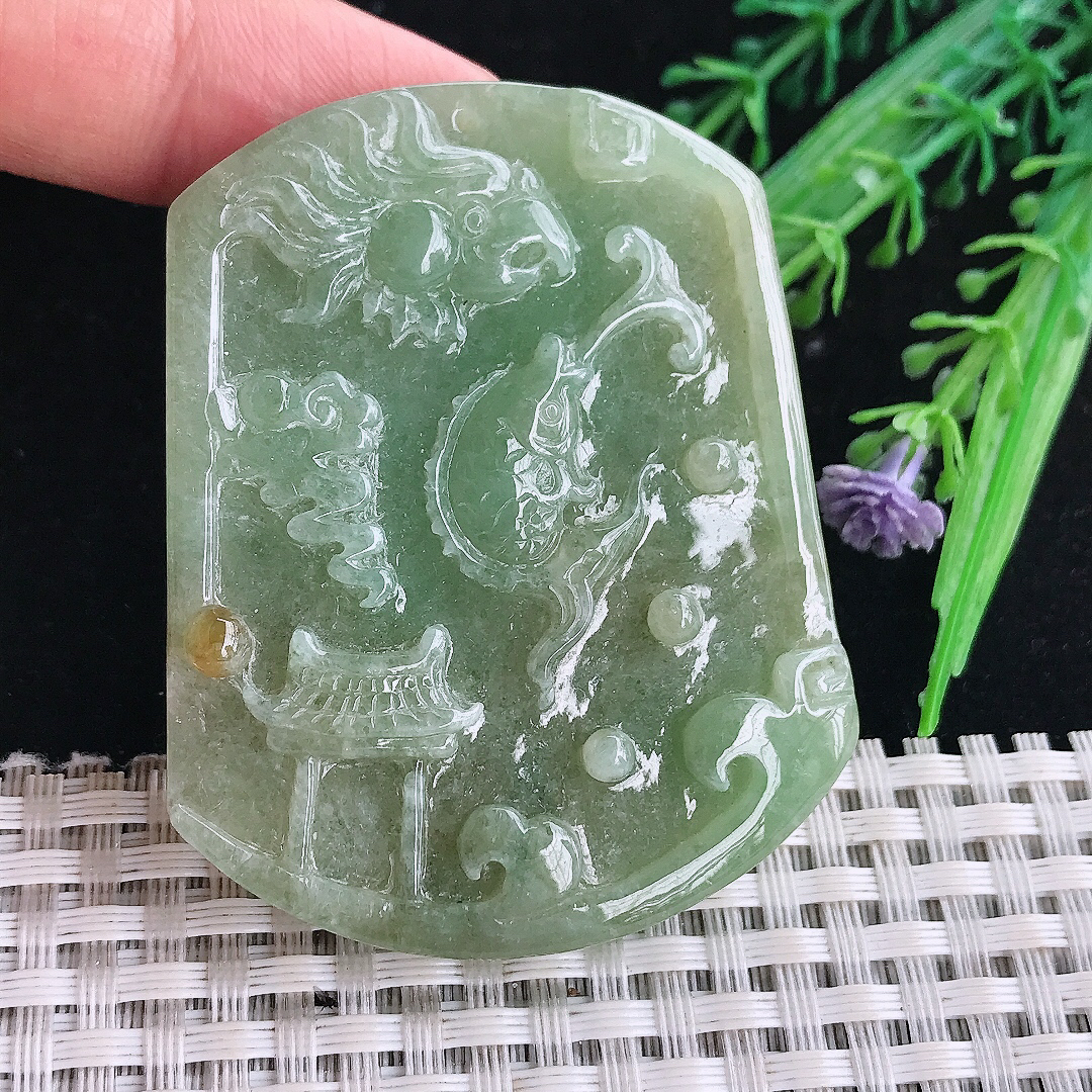 自然光57/45.5/6.5老坑精美温润满绿鱼跃龙门望女成凤吊坠翡翠挂件百搭