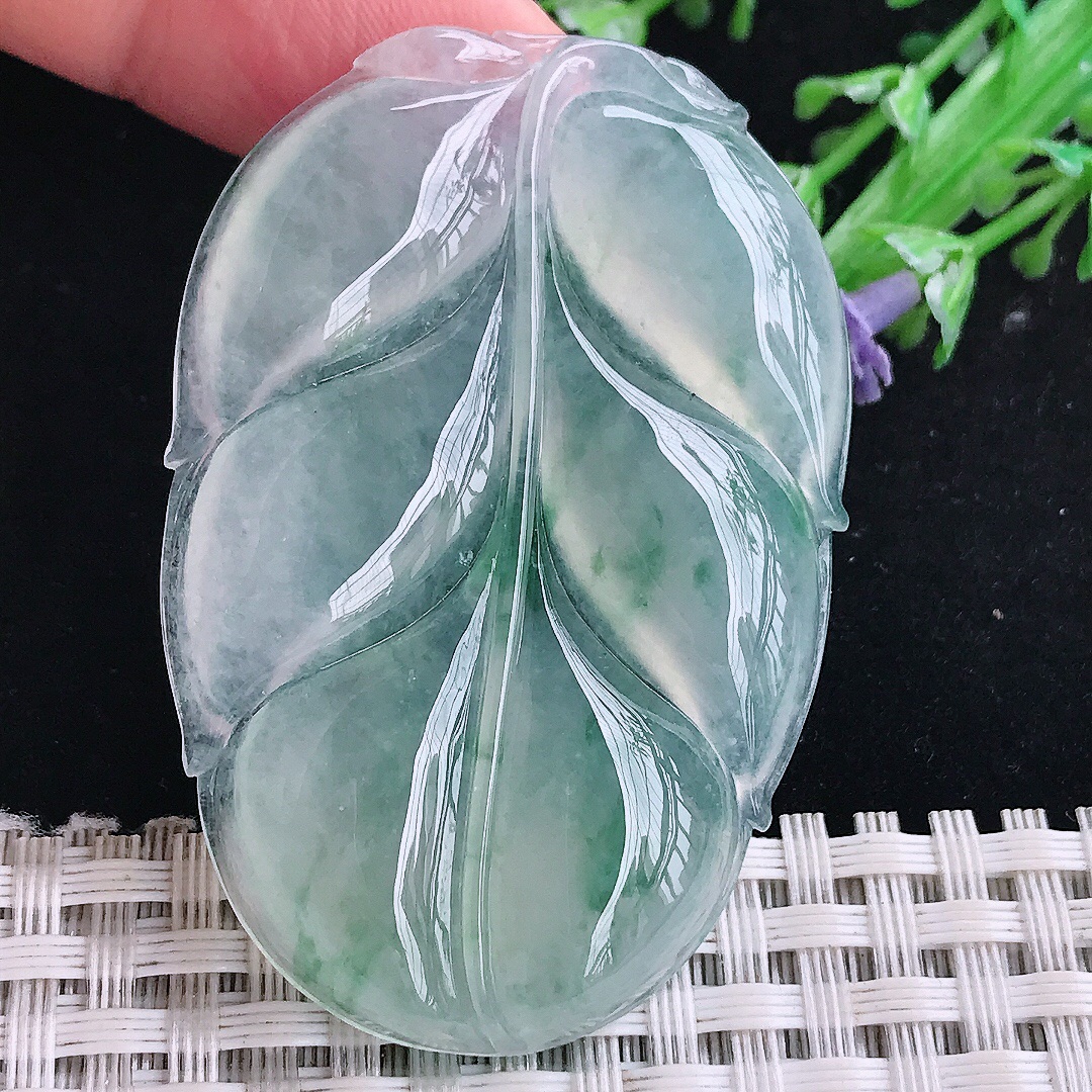 自然光54/36.3/5.6老坑冰飘花冰种大叶子挂件金枝玉叶翡翠玉牌吊坠百搭