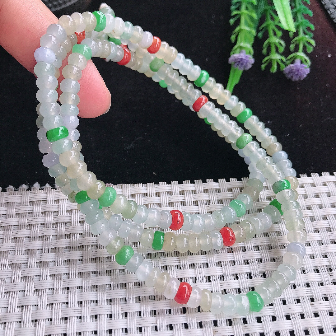实拍A货翡翠5.5/3.5老坑冰润起胶三彩算盘珠项链翡翠玉珠手链
