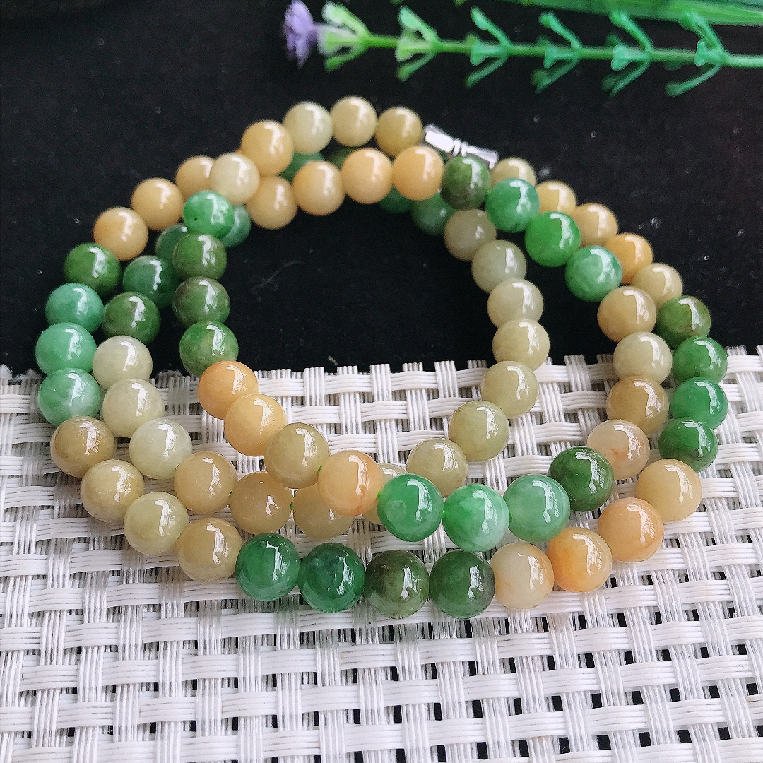 实拍A货翡翠6.8/80颗老坑精美辣色双彩圆珠项链项链翡翠玉珠手串