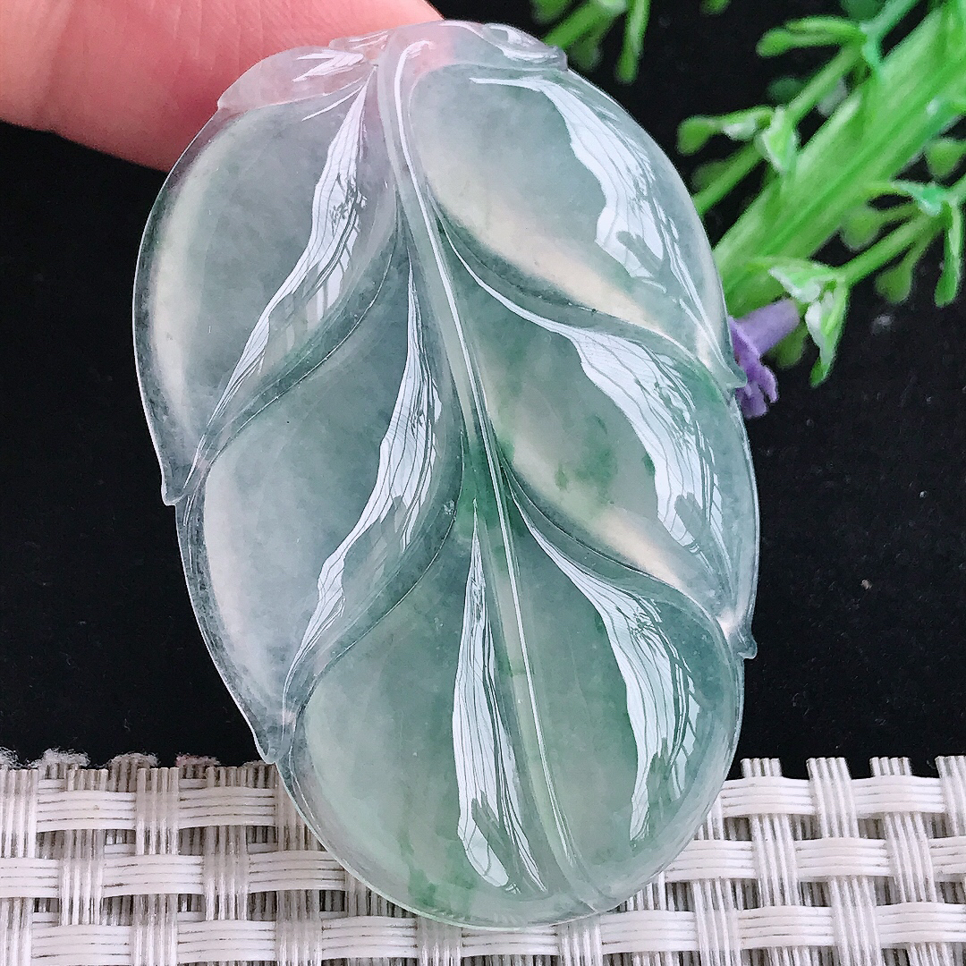 自然光54/36.3/5.6老坑冰飘花冰种大叶子挂件金枝玉叶翡翠玉牌吊坠百搭