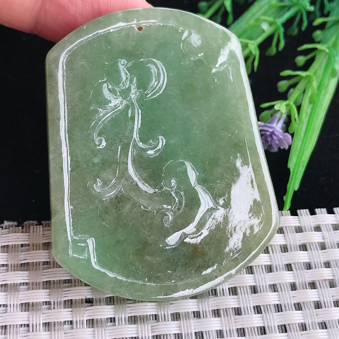 自然光57/45.5/6.5老坑精美温润满绿鱼跃龙门望女成凤吊坠翡翠挂件百搭