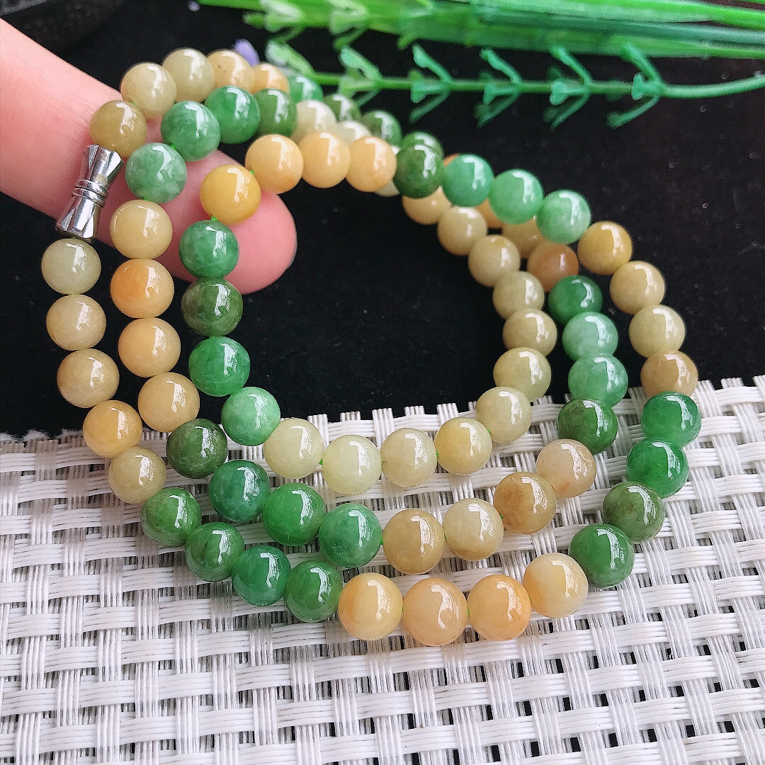 实拍A货翡翠6.8/80颗老坑精美辣色双彩圆珠项链项链翡翠玉珠手串