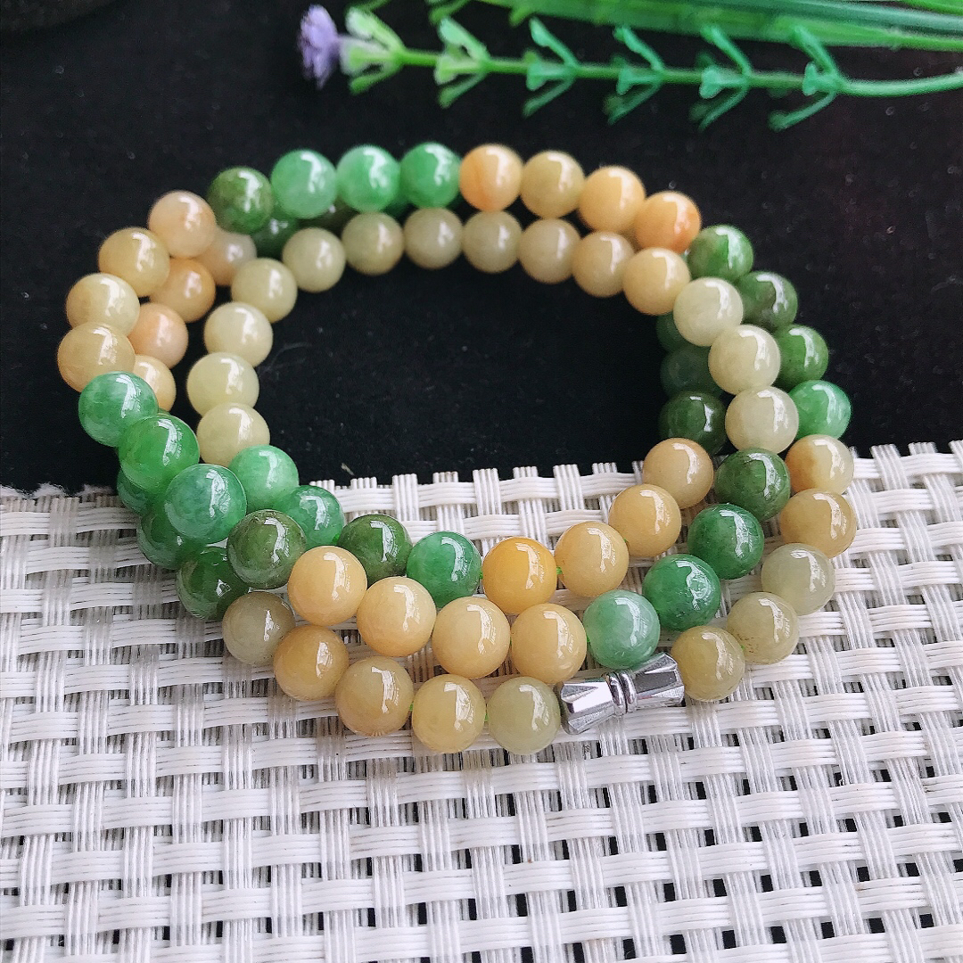 实拍A货翡翠6.8/80颗老坑精美辣色双彩圆珠项链项链翡翠玉珠手串