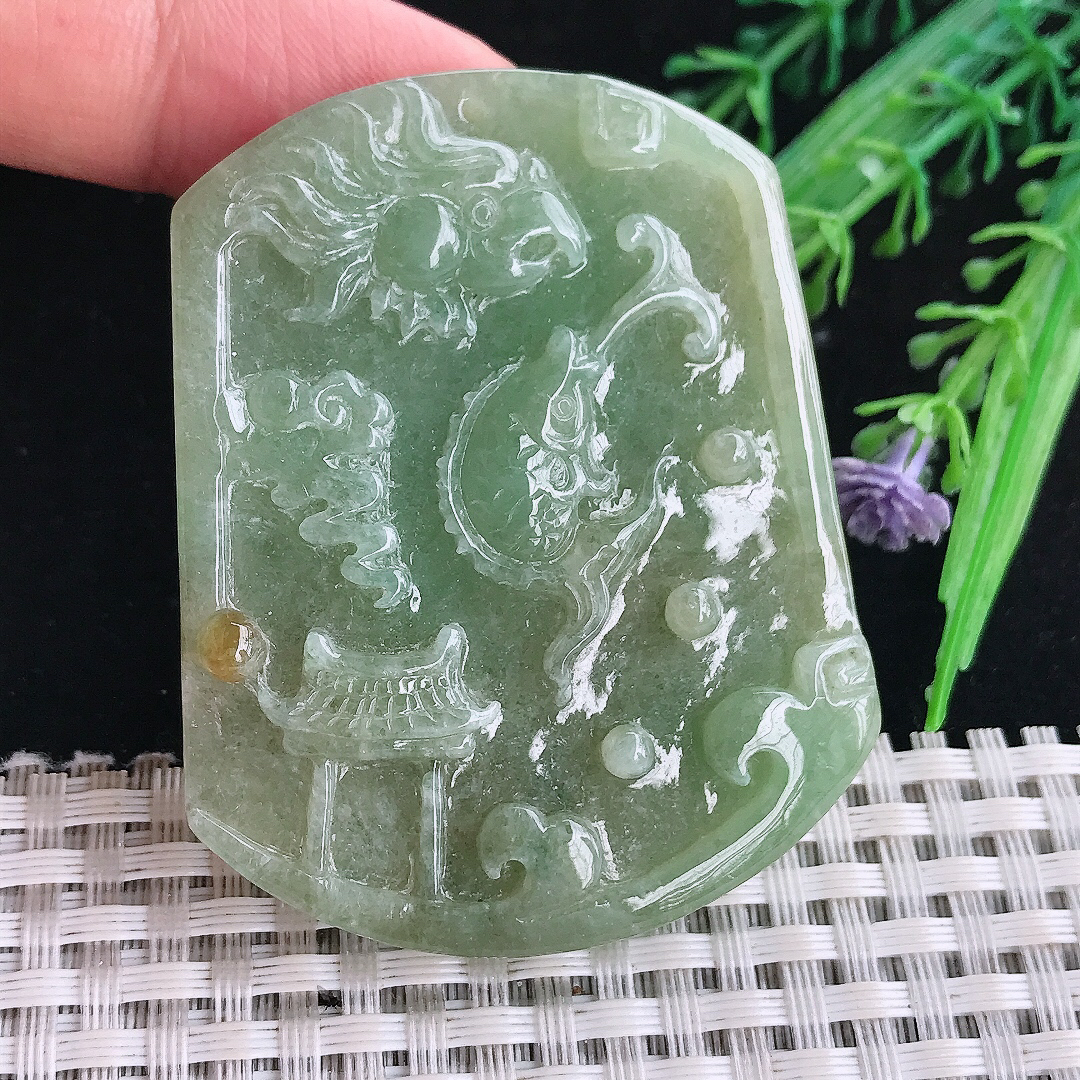 自然光57/45.5/6.5老坑精美温润满绿鱼跃龙门望女成凤吊坠翡翠挂件百搭