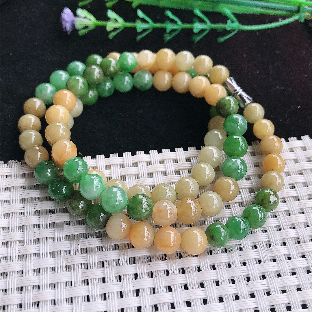 实拍A货翡翠6.8/80颗老坑精美辣色双彩圆珠项链项链翡翠玉珠手串