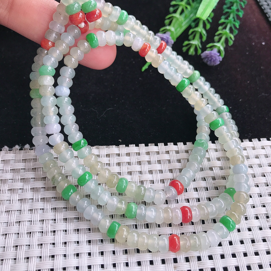 实拍A货翡翠5.5/3.5老坑冰润起胶三彩算盘珠项链翡翠玉珠手链