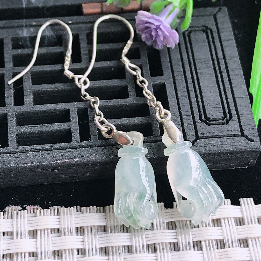 自然光17.8/8/4.6老坑冰胶飘花掌上明珠佛手耳坠