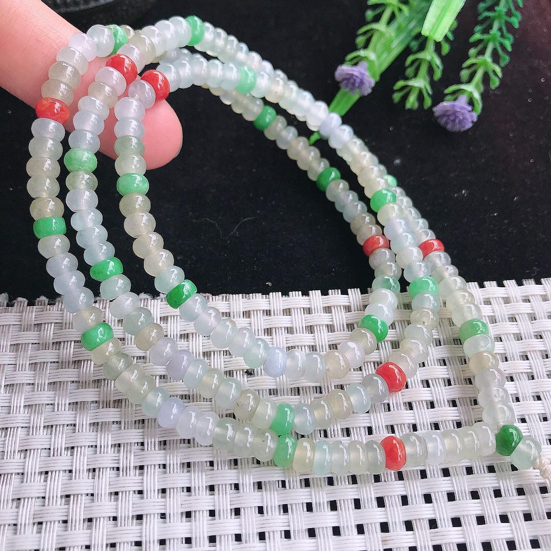 实拍A货翡翠5.5/3.5老坑冰润起胶三彩算盘珠项链翡翠玉珠手链