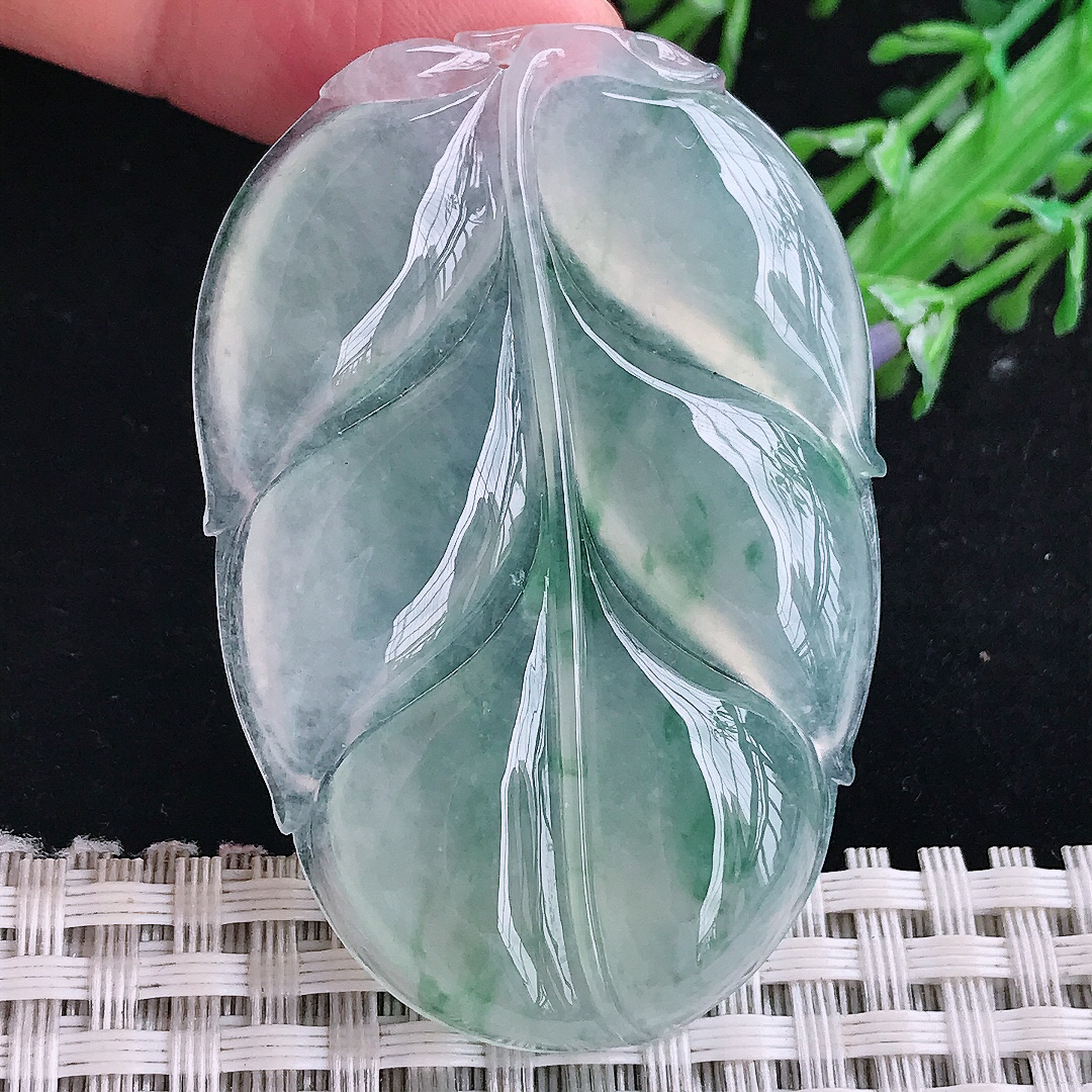 自然光54/36.3/5.6老坑冰飘花冰种大叶子挂件金枝玉叶翡翠玉牌吊坠百搭