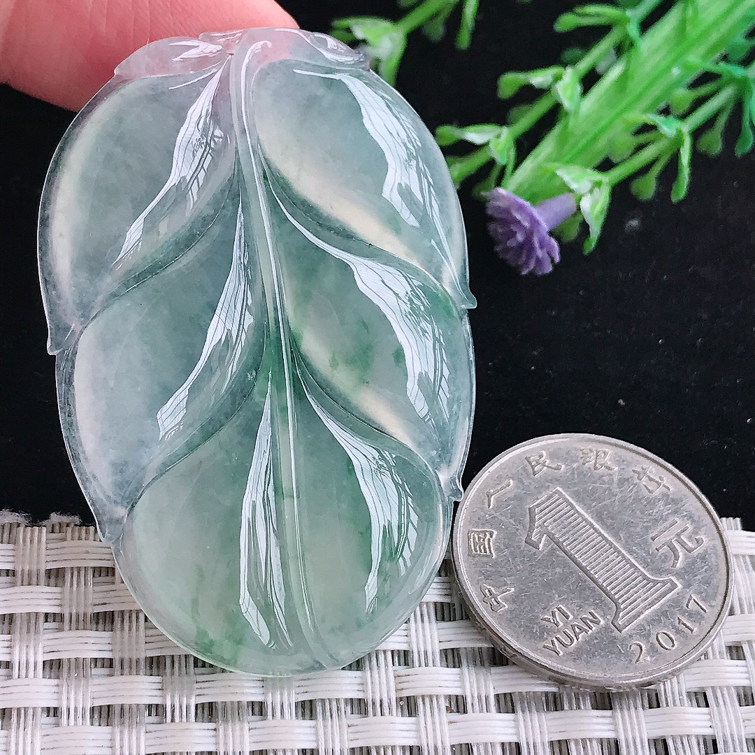 自然光54/36.3/5.6老坑冰飘花冰种大叶子挂件金枝玉叶翡翠玉牌吊坠百搭