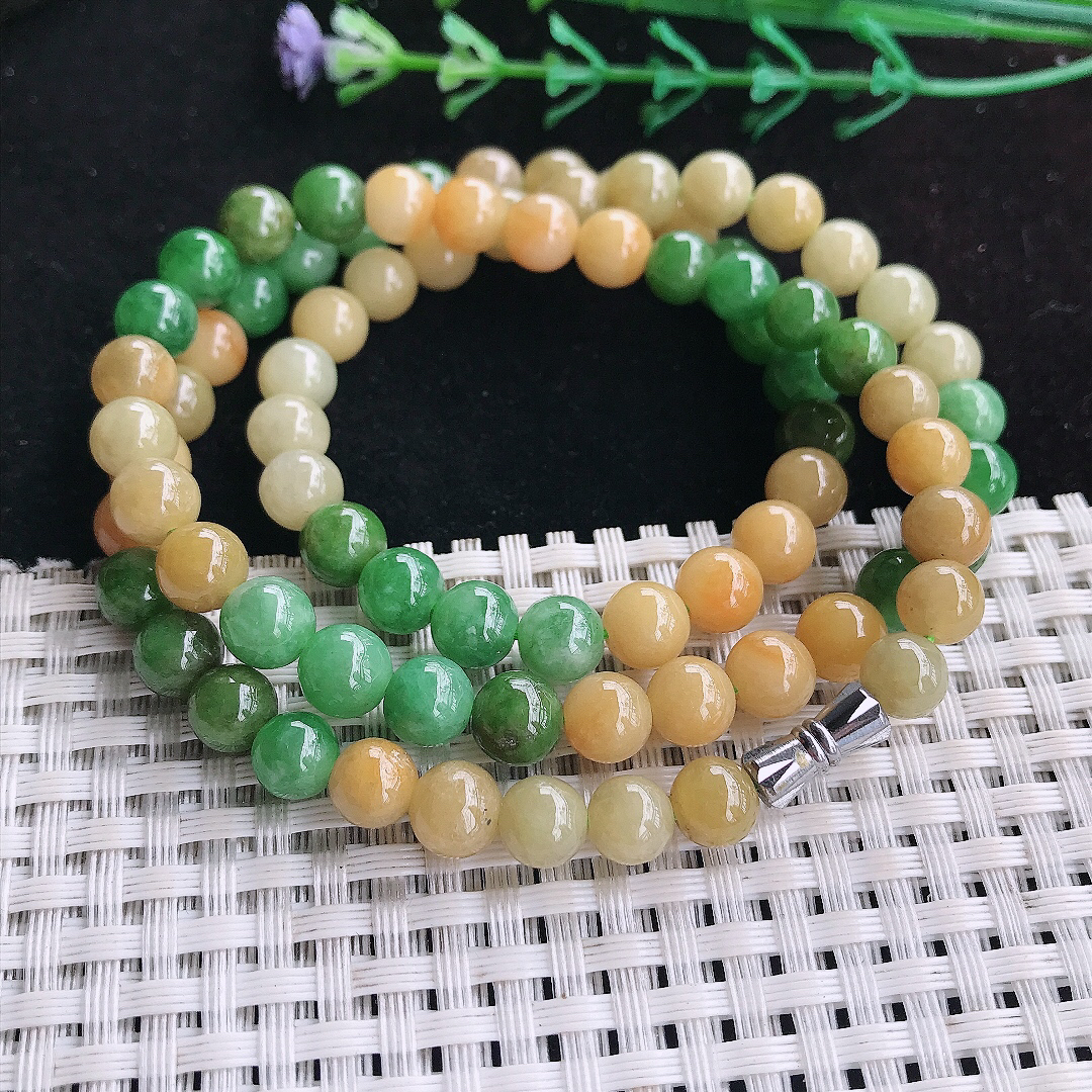 实拍A货翡翠6.8/80颗老坑精美辣色双彩圆珠项链项链翡翠玉珠手串