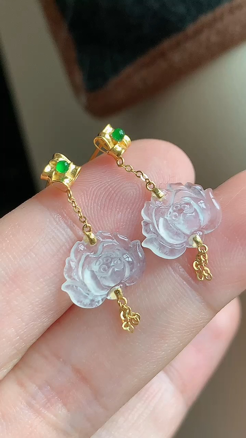 翡翠精品，花耳钉，冰种无裂，18k金 尺寸12.4-8-4 aa626