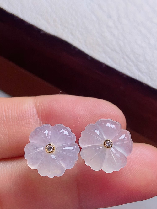 小花耳钉 冰种 无裂 18k 裸 12.5mm