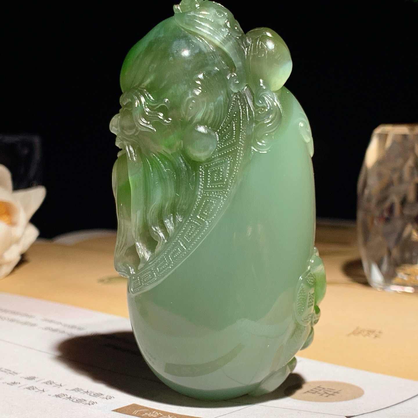 收藏级！和田玉粉青猫眼俄罗斯碧玉福禄寿寿星把件！尺寸79/39/25重130克。玉质细腻油润。手推出油。佩戴高端典雅。lt260626