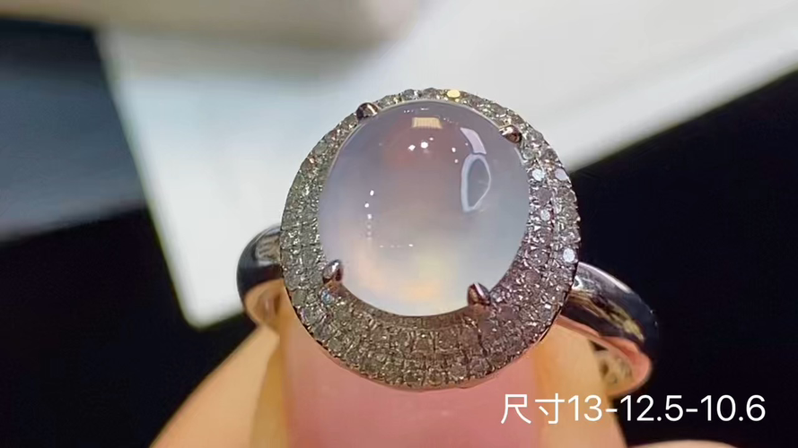18k金+钻玻璃种蛋面戒指，无裂，13-12.5-10.6