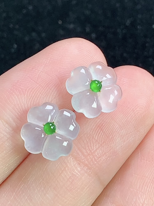 18k金镶冰种花开富贵耳钉，无裂，尺寸9.5-9.5-2.1mm，L28hjg