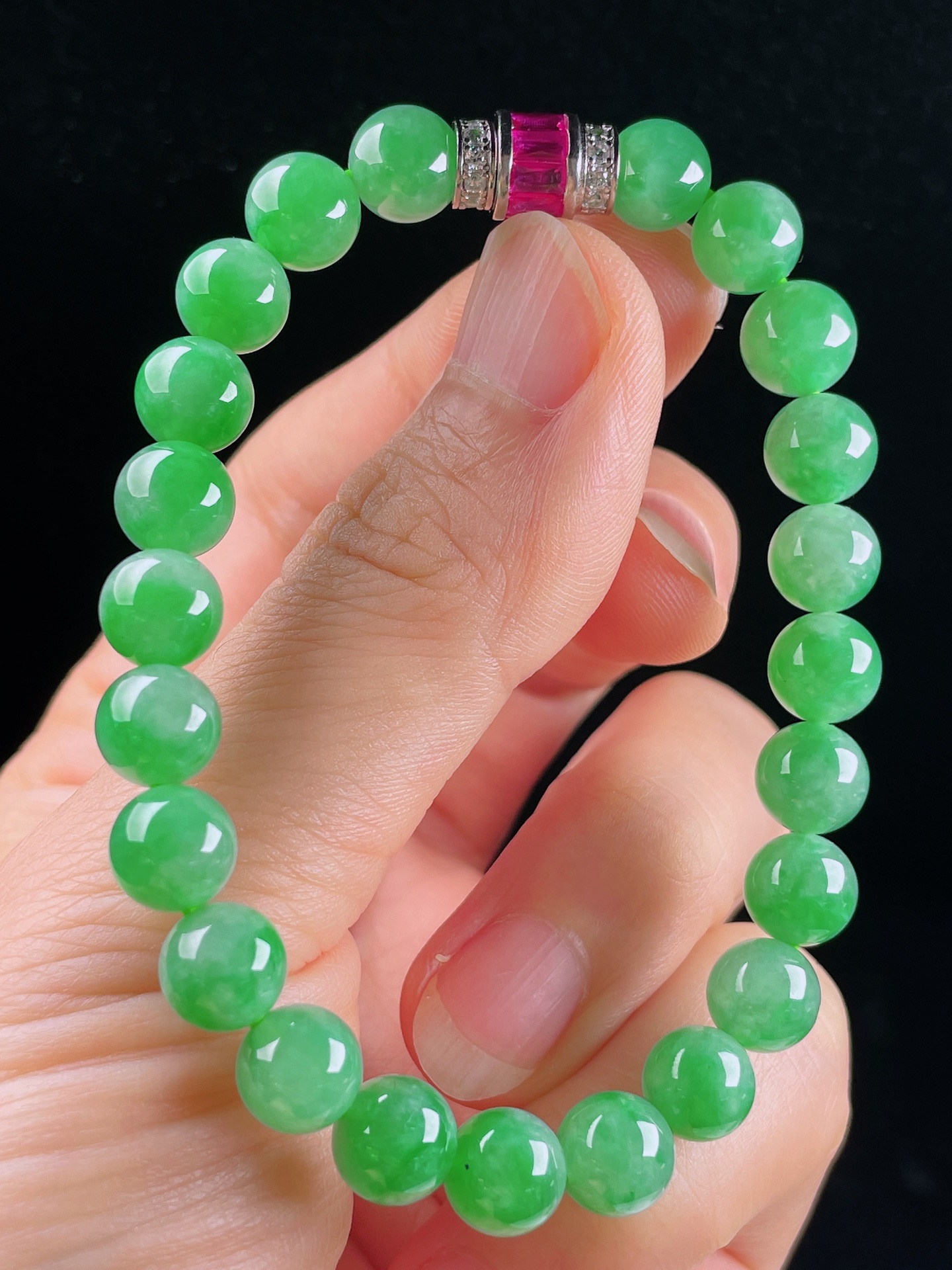 阳绿手串，老种起光，细底通透，尺寸：7.7mm0628