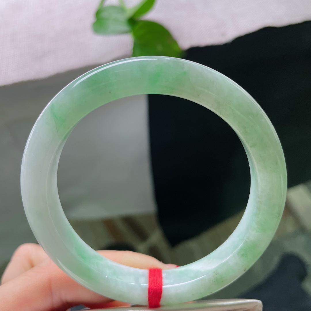 58.7/10.4/8.9，飘绿正圈，有纹，洒乌鸡，清新柳条绿飘花，玉质温润通透，绿意灵动雅致。ss