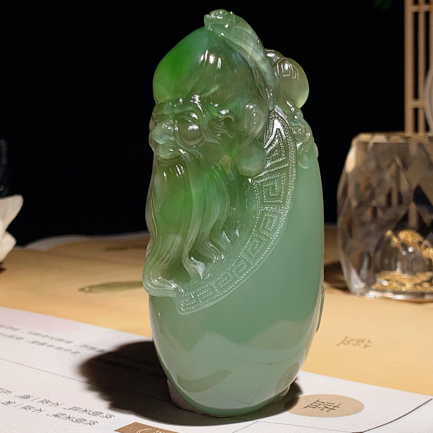收藏级！和田玉粉青猫眼俄罗斯碧玉福禄寿寿星把件！尺寸79/39/25重130克。玉质细腻油润。手推出油。佩戴高端典雅。lt260626