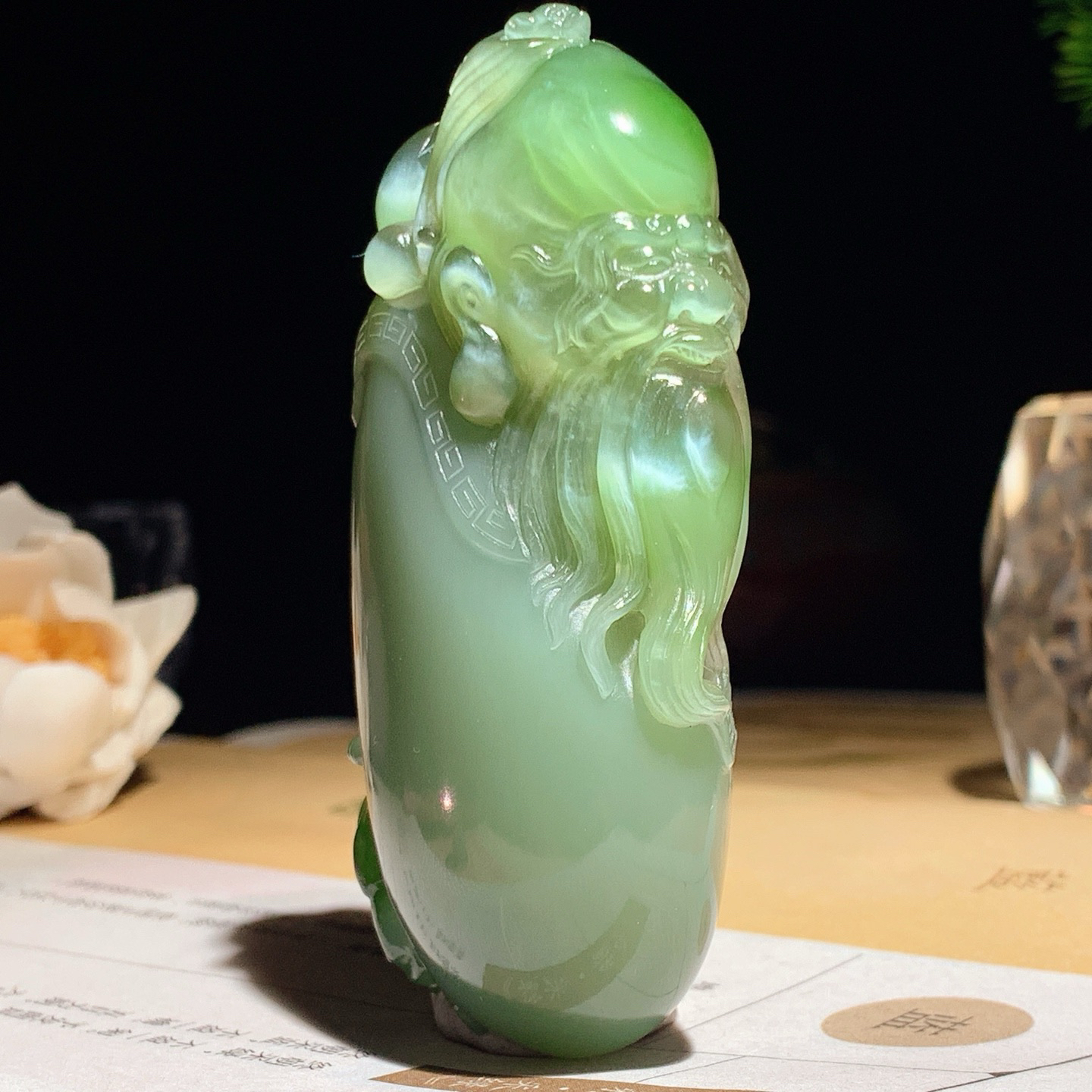 收藏级！和田玉粉青猫眼俄罗斯碧玉福禄寿寿星把件！尺寸79/39/25重130克。玉质细腻油润。手推出油。佩戴高端典雅。lt260626