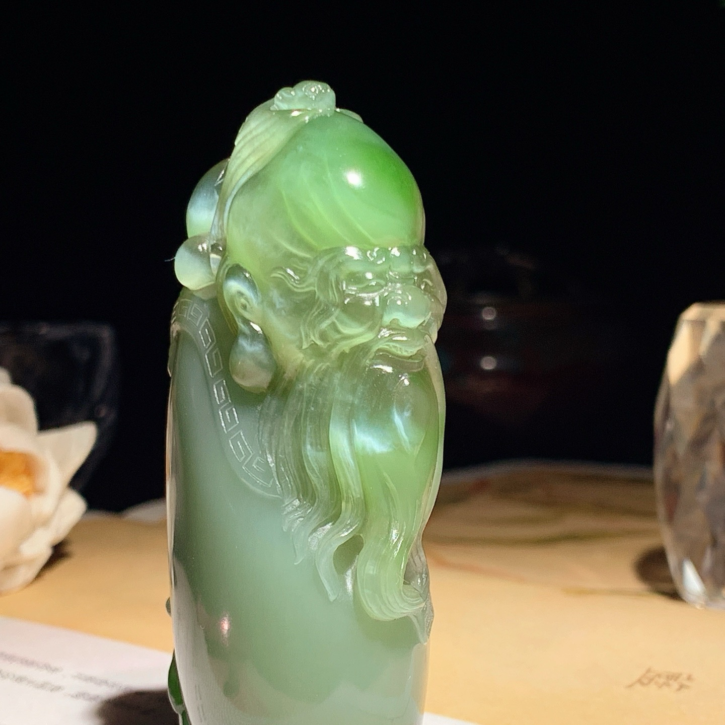 收藏级！和田玉粉青猫眼俄罗斯碧玉福禄寿寿星把件！尺寸79/39/25重130克。玉质细腻油润。手推出油。佩戴高端典雅。lt260626