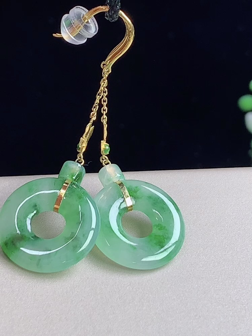 18k金镶飘绿甜甜圈耳环，无裂，尺寸15.5-2.5mm，L28jay