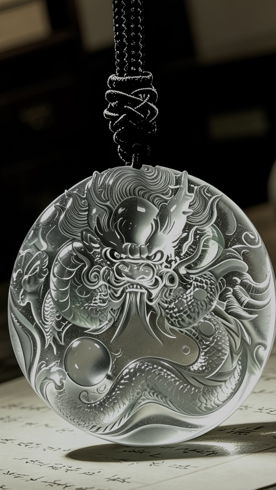 【神龙护主·盛世龙腾】，冰种龙牌。
52.5-52.5-6mm，含绳36.08g