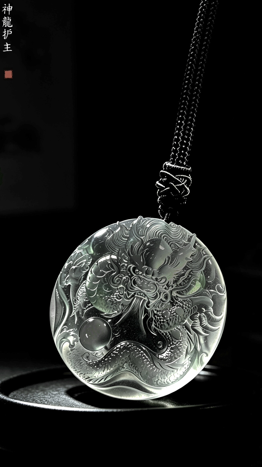 【神龙护主·盛世龙腾】，冰种龙牌。
52.5-52.5-6mm，含绳36.08g