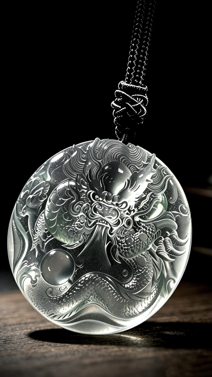 【神龙护主·盛世龙腾】，冰种龙牌。
52.5-52.5-6mm，含绳36.08g