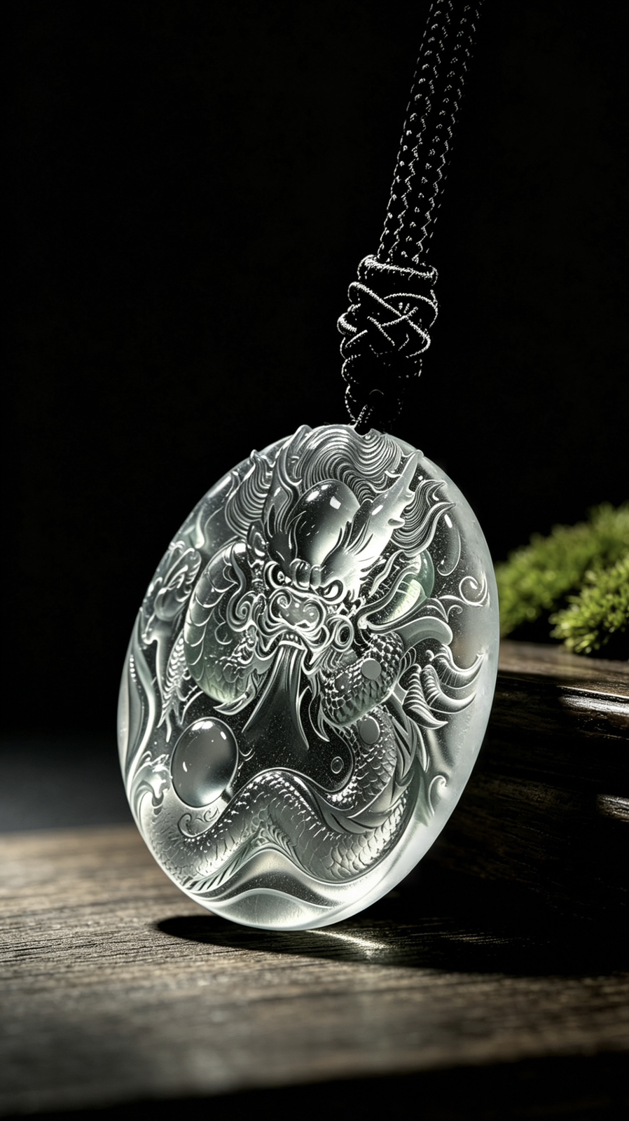 【神龙护主·盛世龙腾】，冰种龙牌。
52.5-52.5-6mm，含绳36.08g