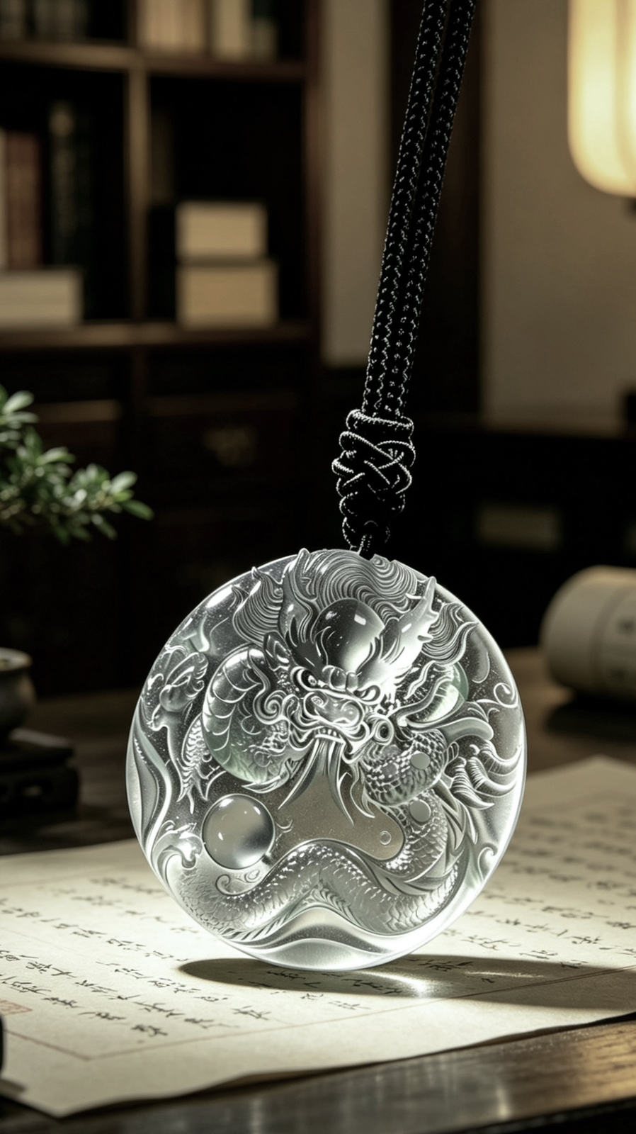 【神龙护主·盛世龙腾】，冰种龙牌。
52.5-52.5-6mm，含绳36.08g