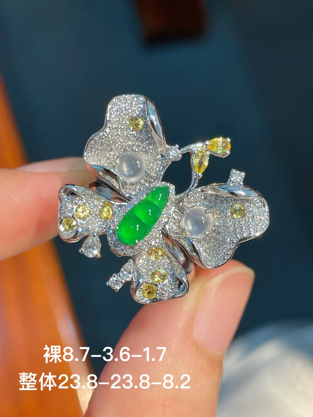 阳绿豆子戒指+阳绿豆子吊坠+阳绿豆子胸针（三用款） 无裂 18k金镶嵌 不议 强烈推荐，8.7-3.