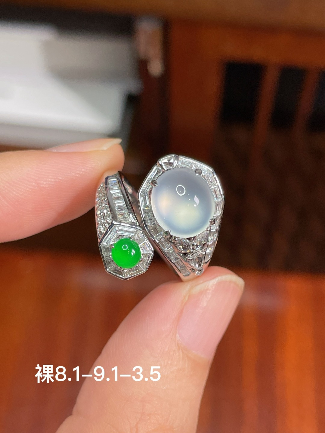 冰种蛋面戒指 无裂，18k金镶嵌，8.1-9.1-3.5