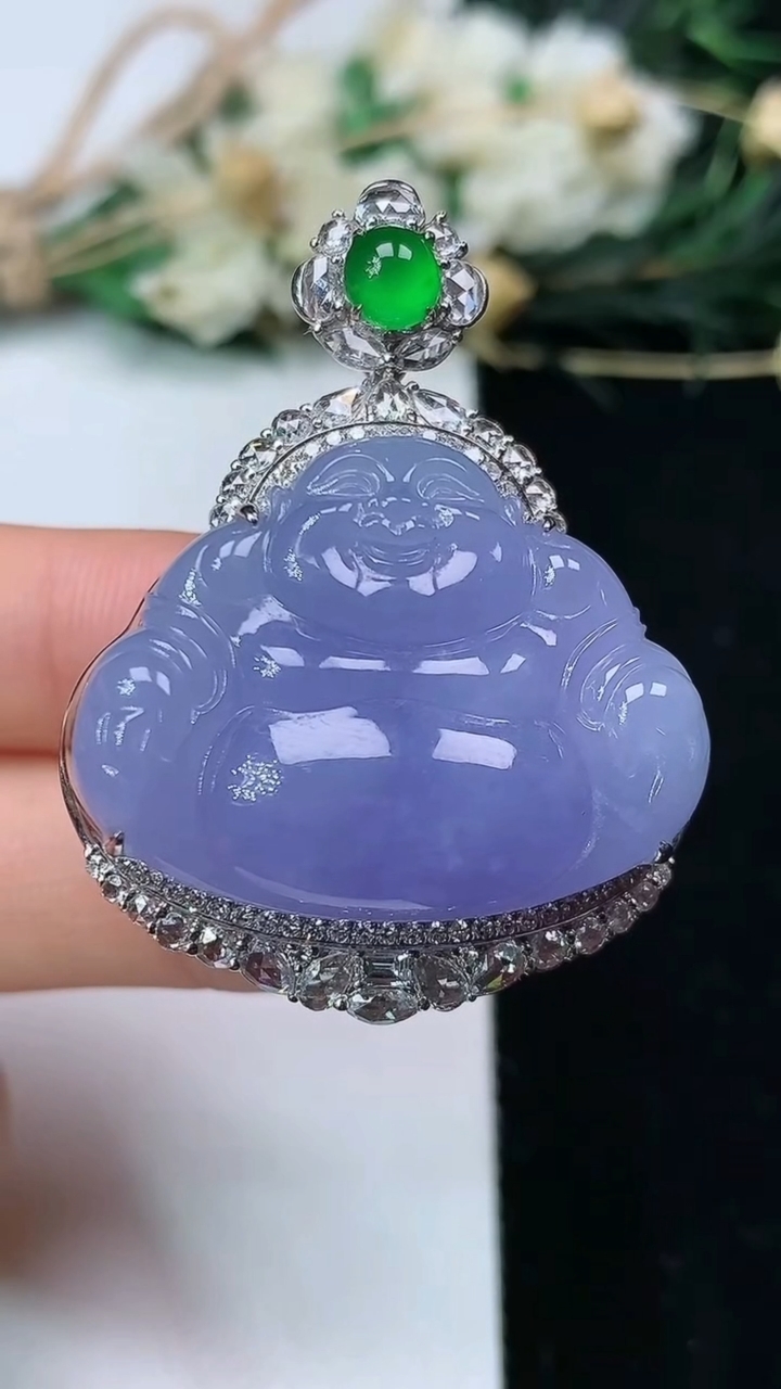 天然A货翡翠k金紫罗兰佛公吊坠，尺寸42.6-31.7-15.5，裸石23.3-30，重量:15.3