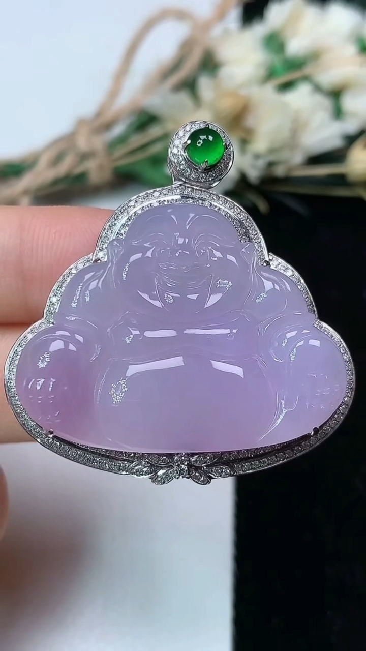 天然A货翡翠紫罗兰佛公吊坠，尺寸38.3-35.7-8.8，裸石24.2-32.2，重量:10.71