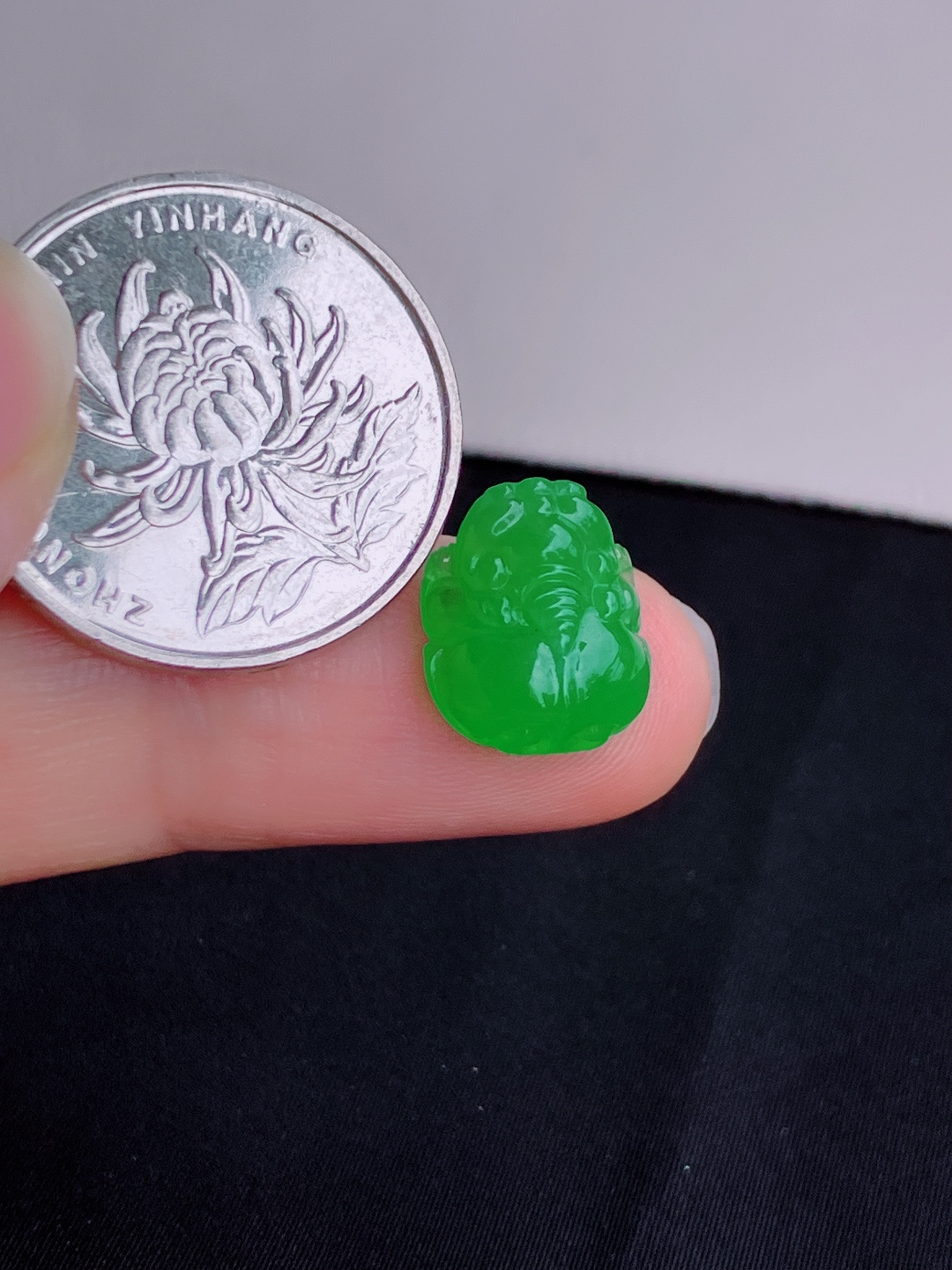 翠绿貔貅裸石，晶莹剔透，尺寸13/12.6/6/自然光实拍
