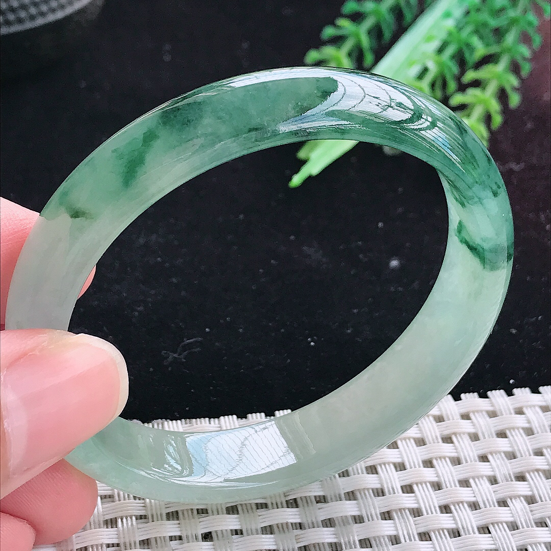 实拍A货翡翠54.5/48/12.8/6.6老坑冰胶飘花贵妃手镯平安镯翡翠玉镯美人镯