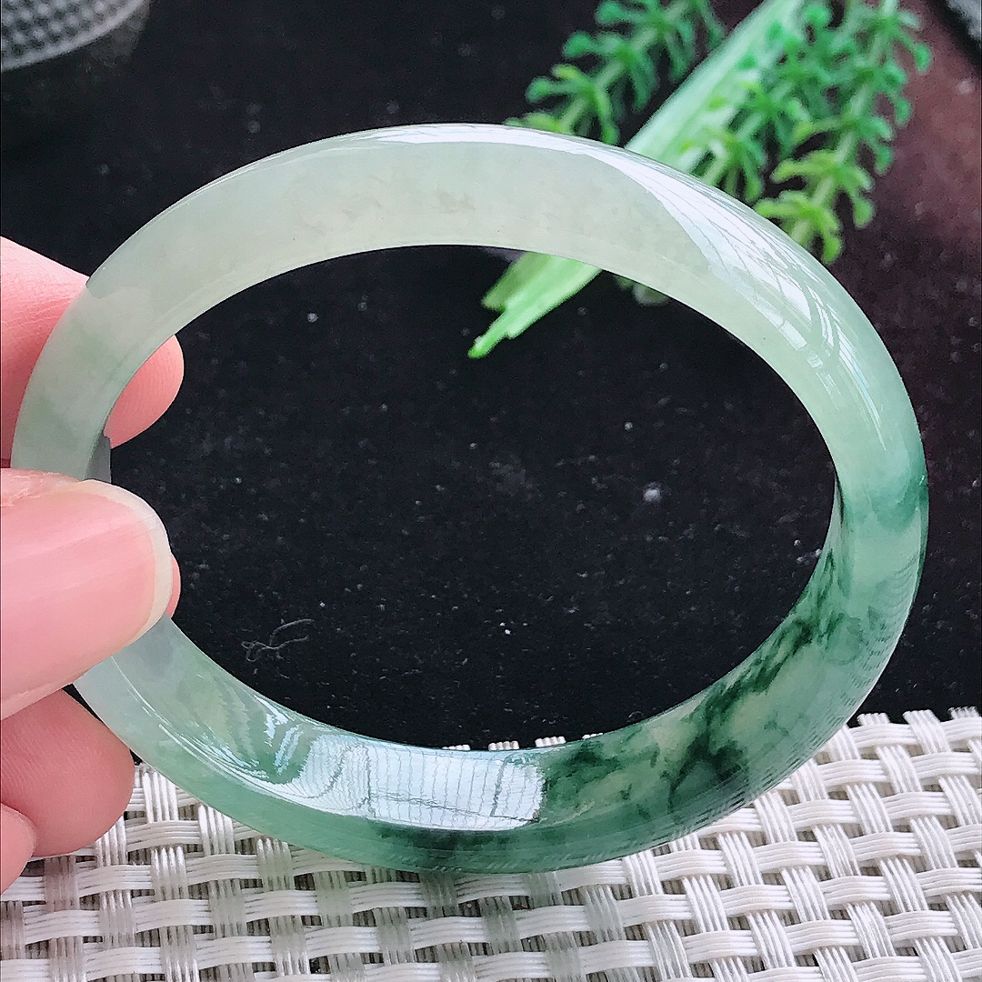 实拍A货翡翠54.5/48/12.8/6.6老坑冰胶飘花贵妃手镯平安镯翡翠玉镯美人镯
