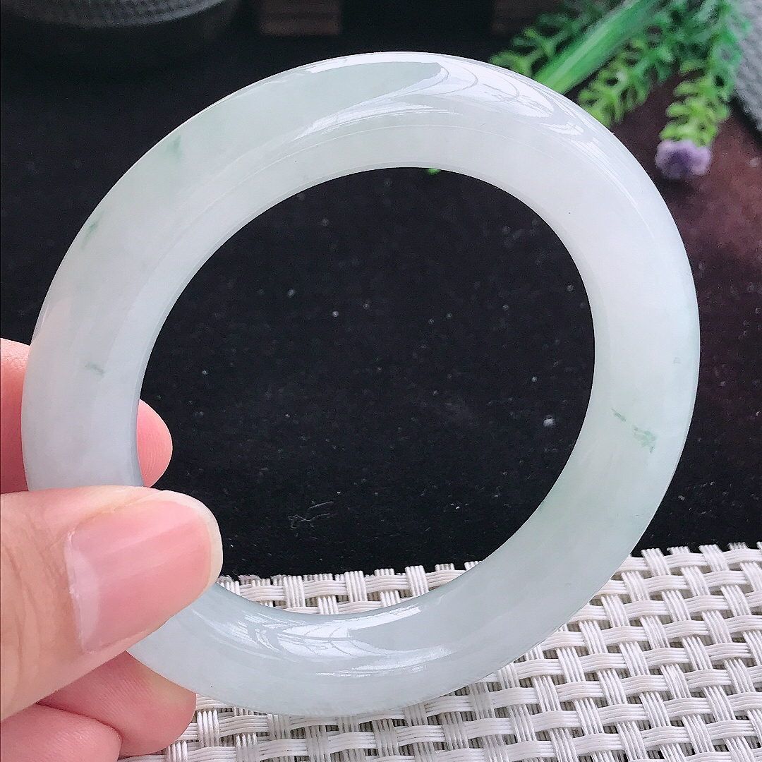 实拍A货翡翠55/11.8/12.1老坑冰润起胶飘花胖圆条手镯平安镯翡翠玉镯美人镯