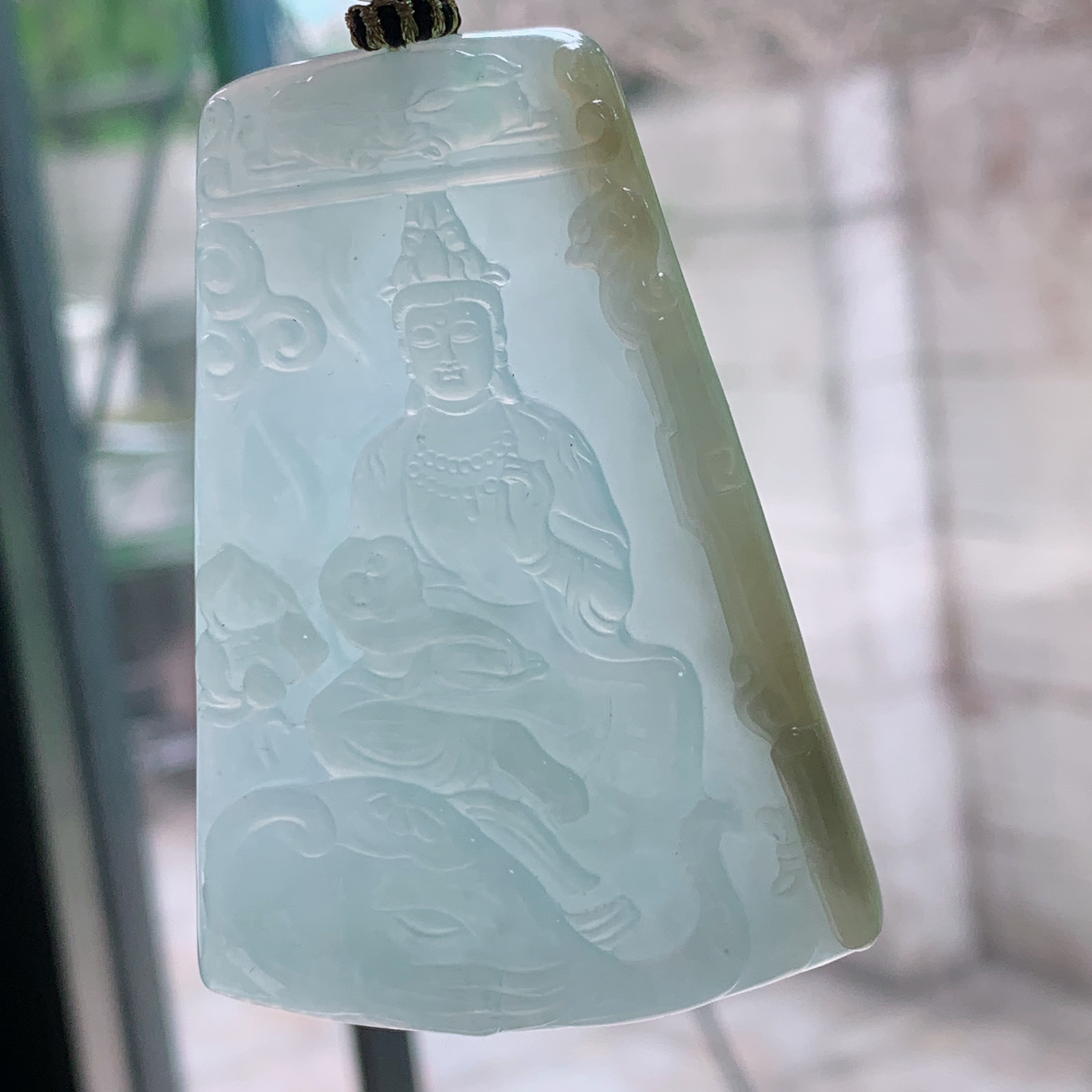 yl实拍66.8*46.5*5缅甸翡翠a货冰透普贤观音菩萨生肖守护神