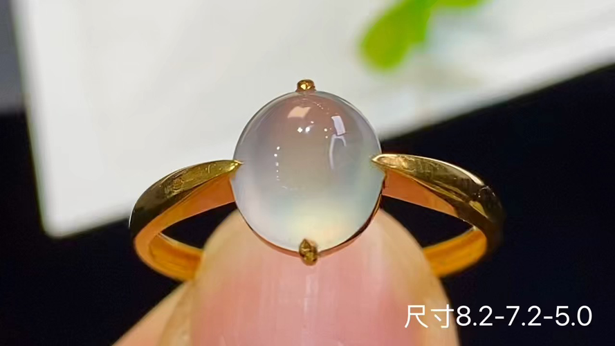 18k金+钻玻璃种蛋面戒指，无暇，8.2-7.2-5.0