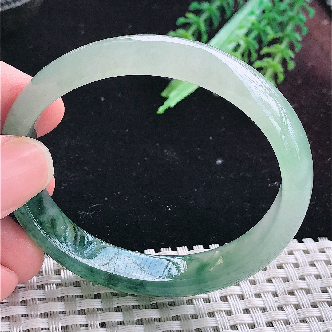 实拍A货翡翠54.5/48/12.8/6.6老坑冰胶飘花贵妃手镯平安镯翡翠玉镯美人镯