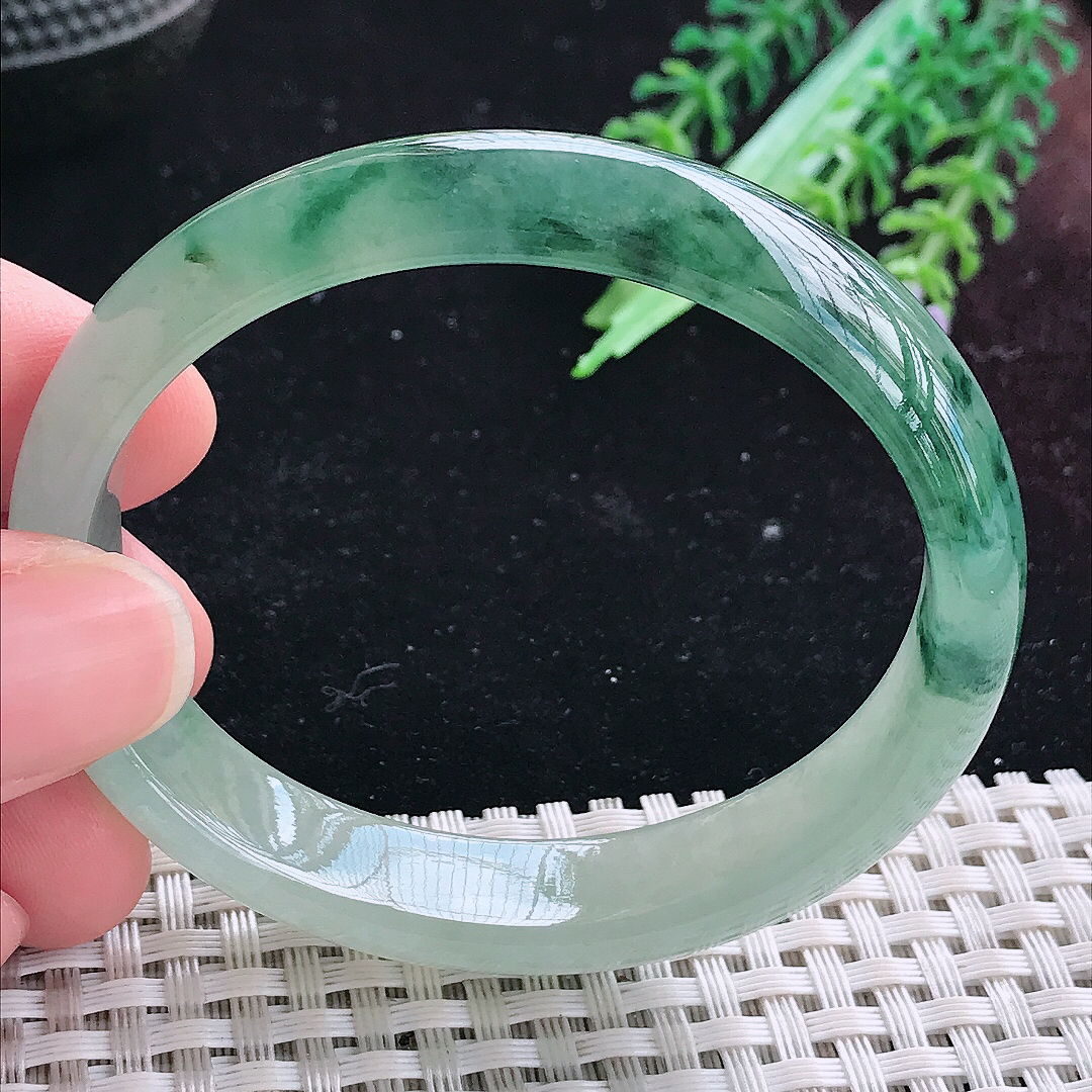 实拍A货翡翠54.5/48/12.8/6.6老坑冰胶飘花贵妃手镯平安镯翡翠玉镯美人镯