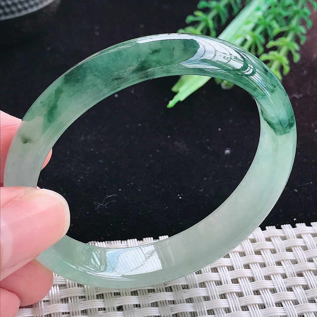 实拍A货翡翠54.5/48/12.8/6.6老坑冰胶飘花贵妃手镯平安镯翡翠玉镯美人镯