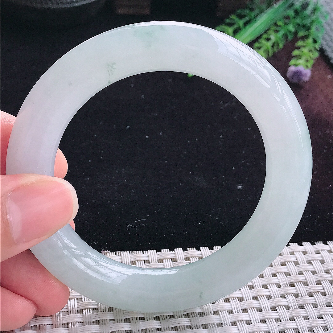 实拍A货翡翠55/11.8/12.1老坑冰润起胶飘花胖圆条手镯平安镯翡翠玉镯美人镯